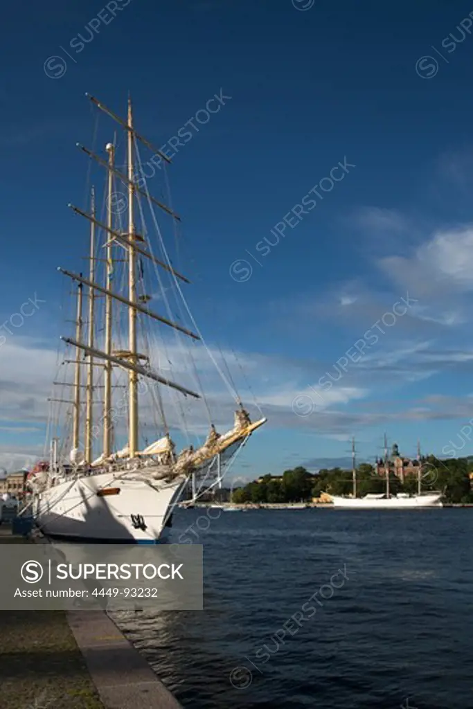 Sailing cruise ship Star Flyer with af Chapman sailing ship hostel in a distance, Stockholm, Stockholm, Sweden, Europe