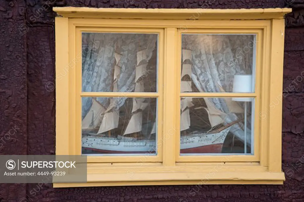Model of sailing ship in a window, Visby, Gotland, Sweden, Europe