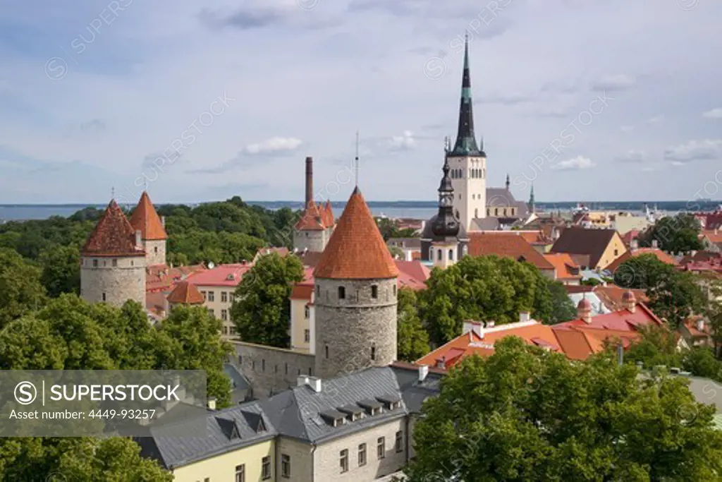 View of city with churches and towers seen from Toompea hill, Tallinn, Harjumaa, Estonia, Baltic States, Europe