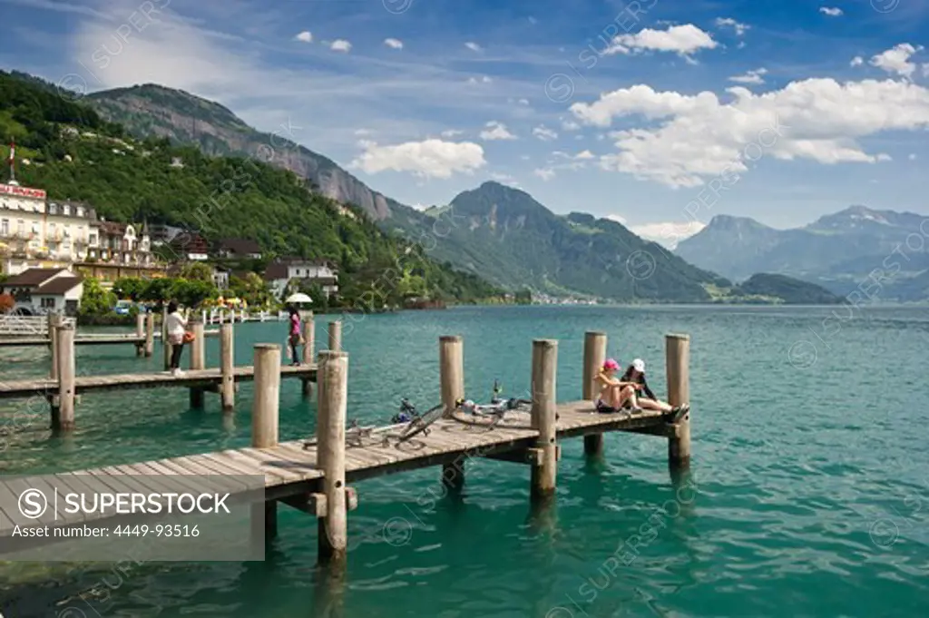People on a jetty in Weggis, Lake Lucerne, canton Lucerne, Switzerland, Europe