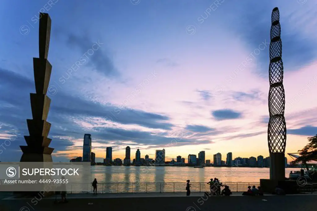 Pylons by Martin Puryear, View from Battery Park to Skyline of New Jersey at Sunset, Belvedere, Winter Garden, Hudson River, New York Cty, USA