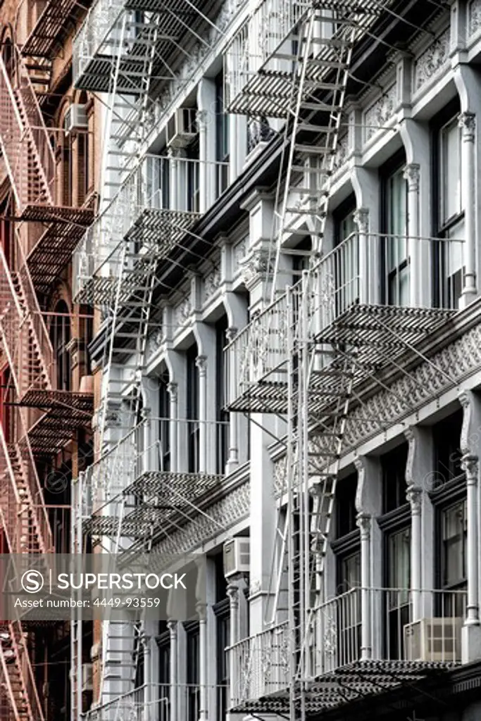Typical fassade with fire escape, Cast Iron District, Soho, Manhattan, New York City, New York, USA