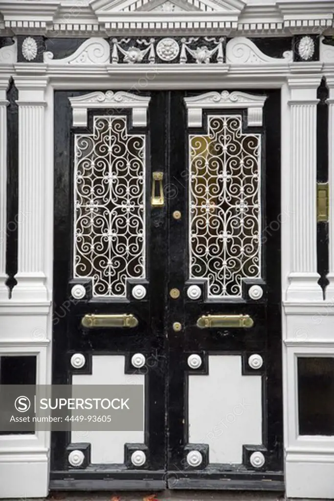 Dark brown door and grid with white ornament, Kings Door, Dublin, County Dublin, Ireland