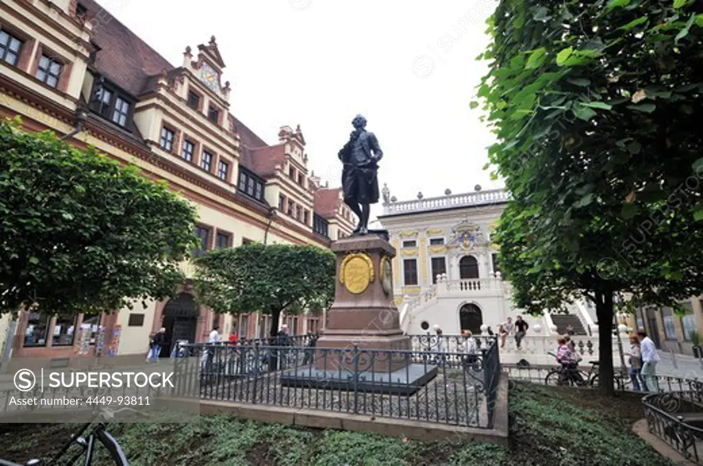 Goethe monument and old stock exchange at the old town, Leipzig, Saxony, Germany, Europe