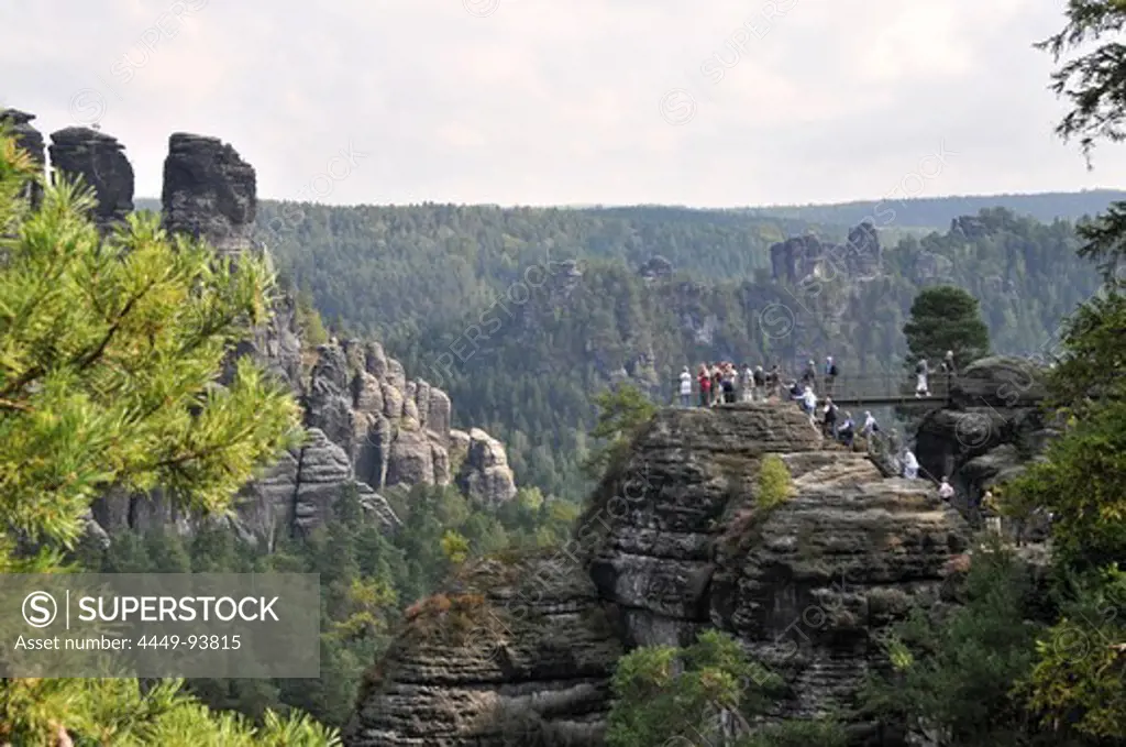 People at a viewpoint at the Bastei, Saxonien Switzerland, Saxony, Germany, Europe