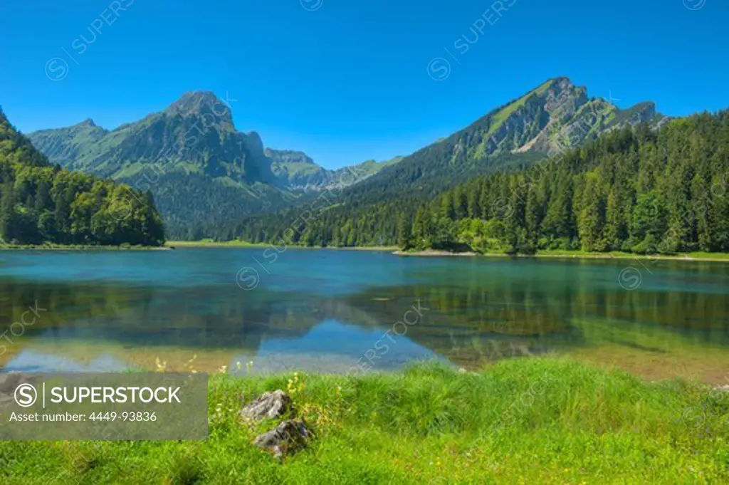 Lake Obersee with Brunnelistock mountain, Glarner Alps, Glarus, Switzerland, Europe
