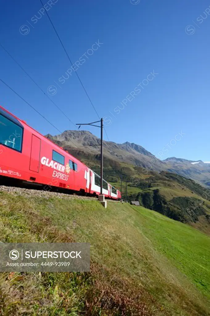 Glacier Express, Matterhorn Gotthard railway, Oberal Pass, Andermatt, Uri, UNESCO World Heritage Site Rhaetian Railway, Rhaetian Railway, Switzerland