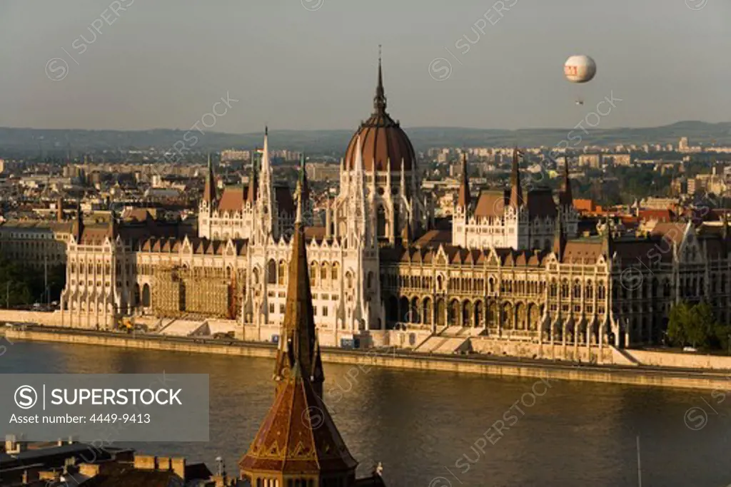 Parliament and Danube river, View to the Parliament and Budapest-Eye balloon over the Danube river, Pest, Budapest, Hungary