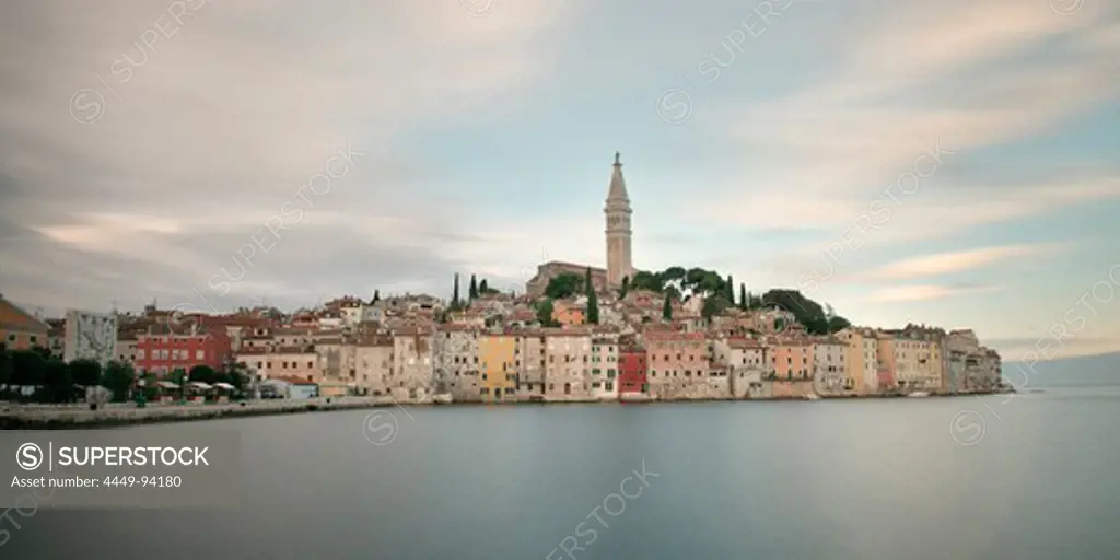 View at old town of Rovinj with Sveta Eufemija church, Istria, Croatia, Adria, long time exposure