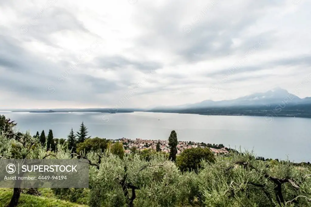 View towards Gardasee and the City of Torri del Benaco, Lago di Garda, Province of Verona, Northern Italy, Italy