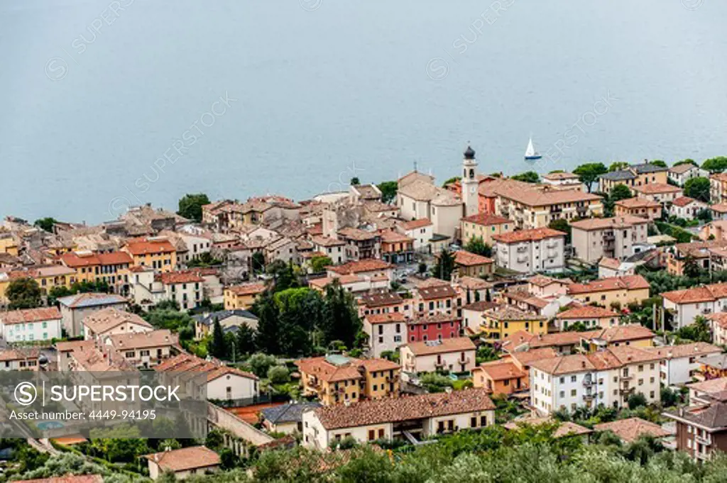 View towards Gardasee and the city of Torri del Benaco, Lago di Garda, Province of Verona, Northern Italy, Italy