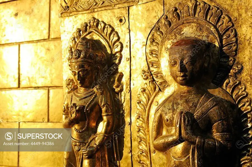 Buddha statues on the golden harmika, Swayambhunath Stupa, Kathmandu, Kathmandu Valley, Nepal, Asia