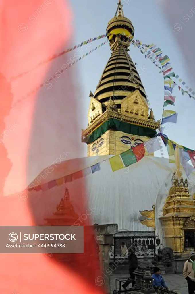 Prayer flags at Swayambhunath Stupa, Kathmandu, Kathmandu Valley, Nepal, Asia