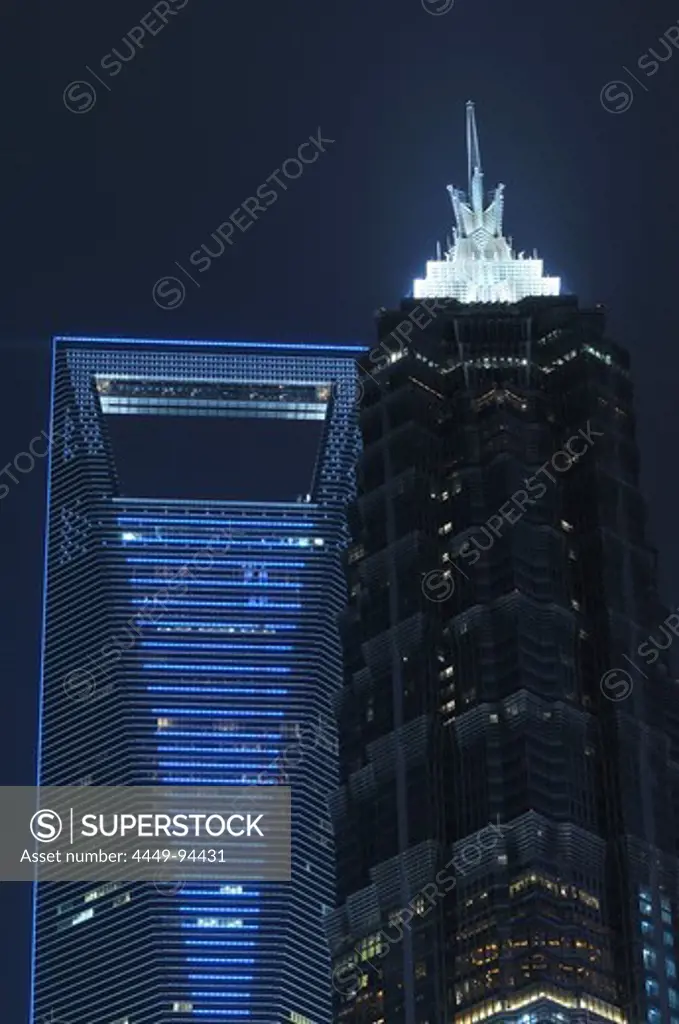 Shanghai World Financial Center and Jin Mao Tower at night, Pudong, Shanghai, China