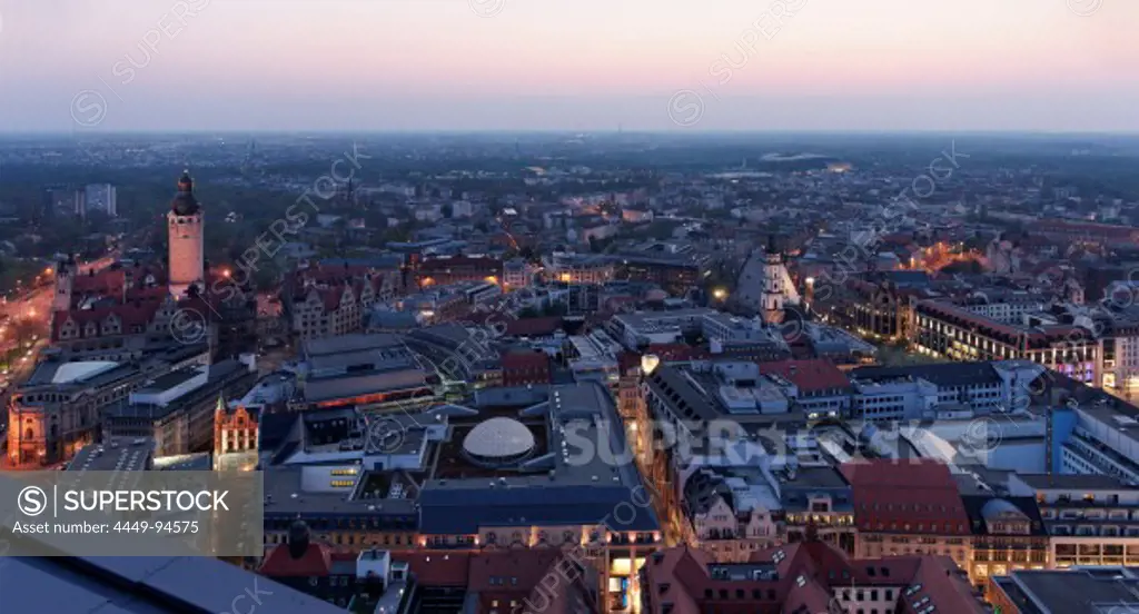 View from the City Hochhaus onto the city in the evening, Leipzig, Saxony, Germany, Europe