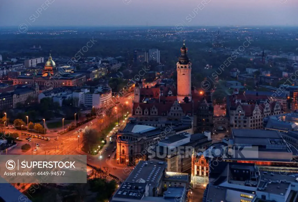 View from the City Hochhaus onto the city in the evening, Leipzig, Saxony, Germany, Europe