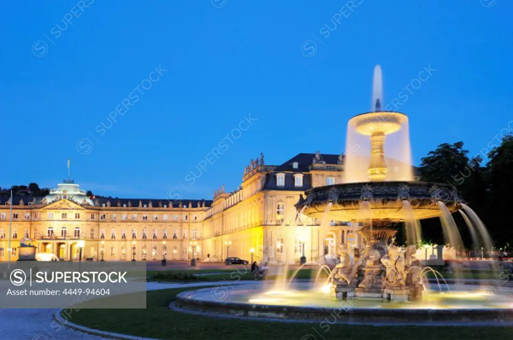 Illuminated castle Neues Schloss and fountain in the evening, Stuttgart, Baden-Wuerttemberg, Germany, Europe