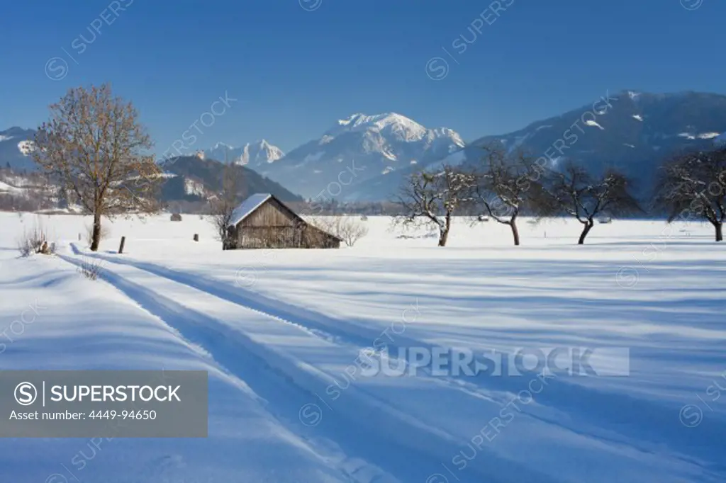 Hut in snow covered landscape, Ennstal Alps, Ennstal valley, Styria, Austria, Europe