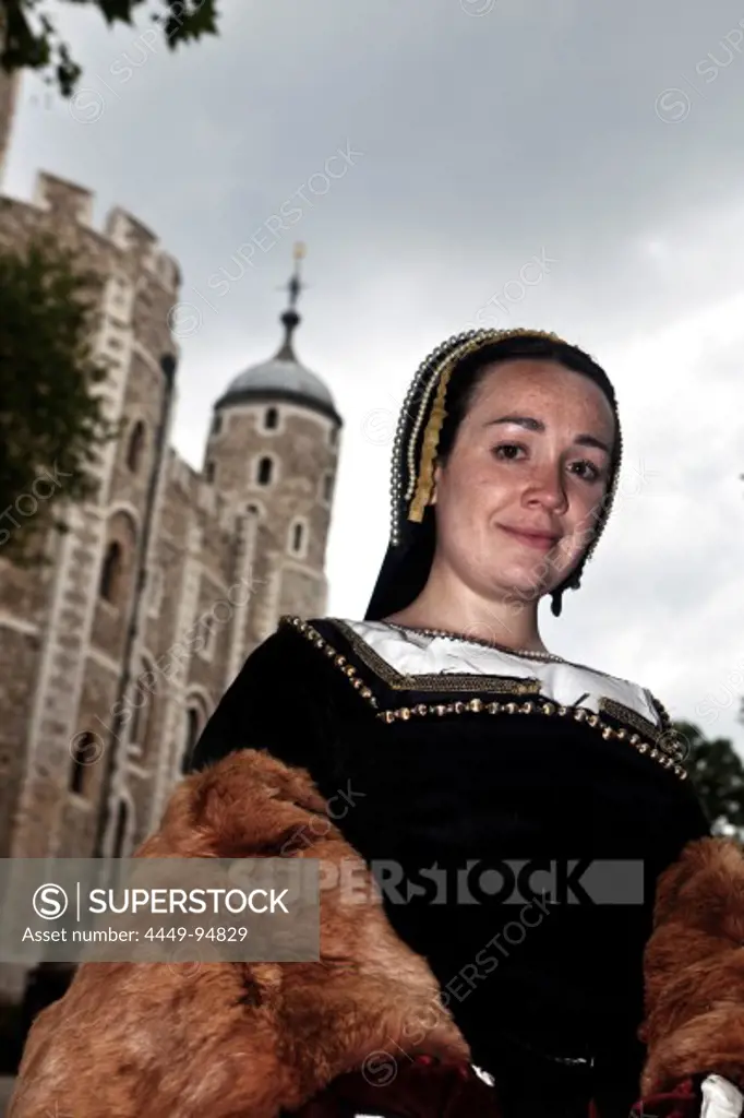Actress portraying Anne Boleyn, second wife of Henry VIII, at the Tower of London, London, England, Great Britain
