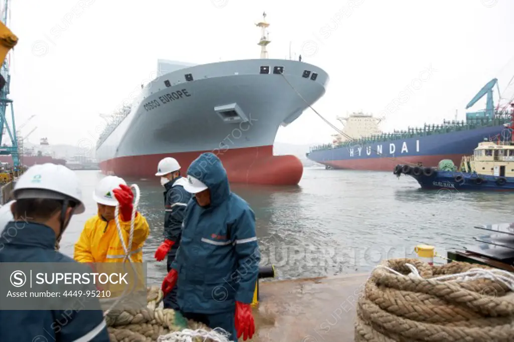 Container ship during sea-trial, Hyundai Heavy Industries (HHI) dockyard, Ulsan, South Korea