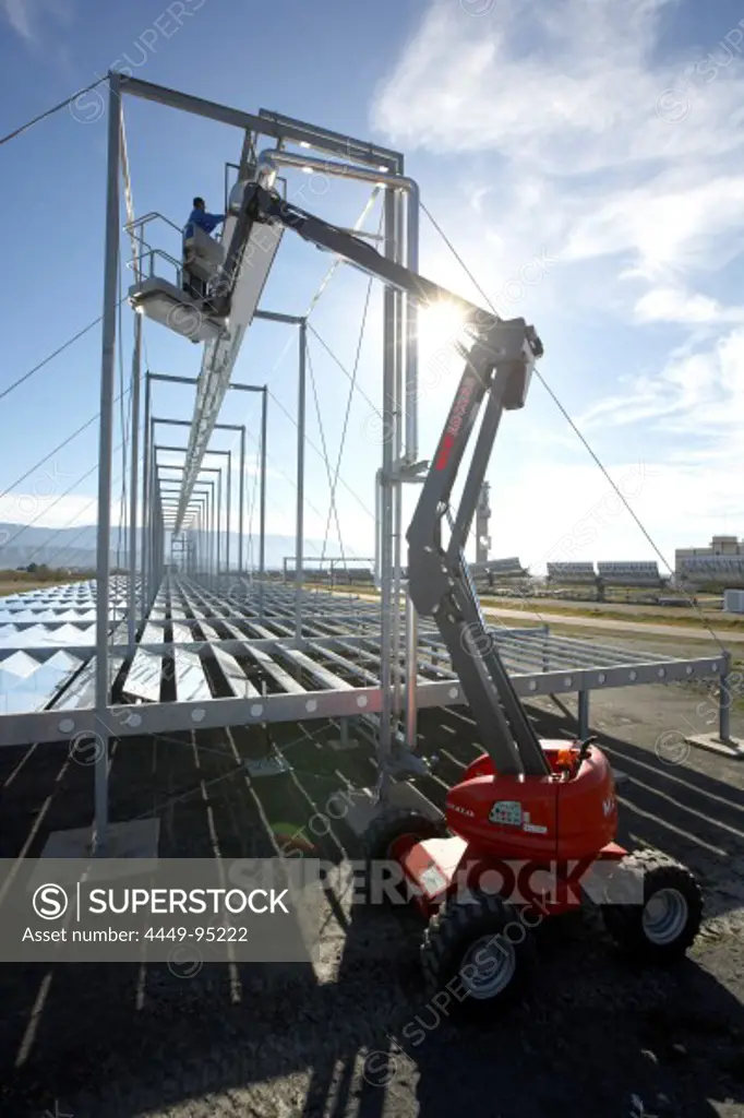 Fresnel reflectors being installed, PSA, Plataforma Solar de Almeria, center for the research of solar energy by the DLR, German Aerospace Center, Almeria, Andalusia, Spain