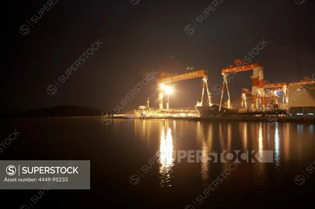 Cranes of Ouhua Shipyard at night, Zhoushan, Zhejiang province, China