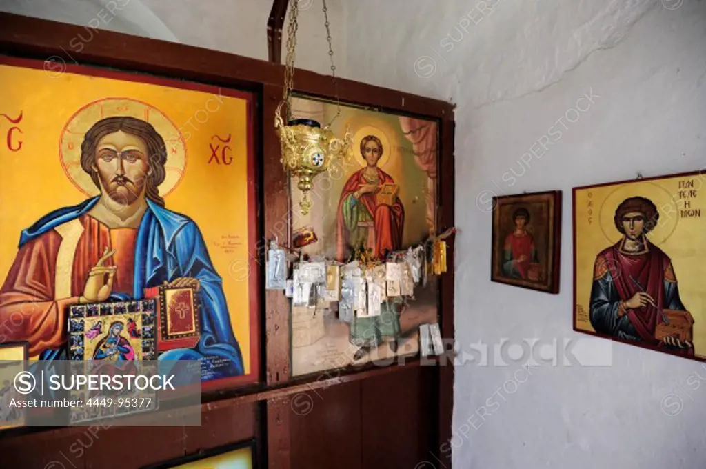 Greek orthodox church, interior decoration of a small chapel between Matala and Pitsidia, south coast of the greek island Crete, Mediterranean, Greece, Europe