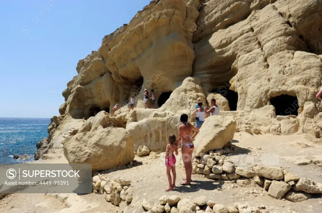Prehistorical caves at the beach of Matala, south coast of the greek island Crete, Mediterranean Sea, Greece, Europe