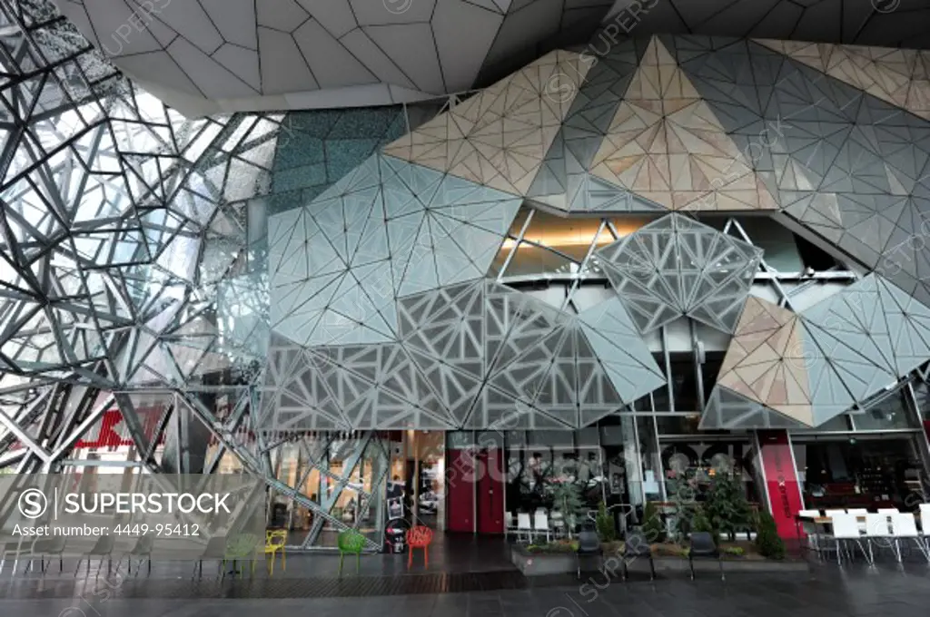 Federation Square, passage in the cultural centre, modern architecture in the style of deconstructivism, Melbourne City Centre, Victoria, VIC, Australia