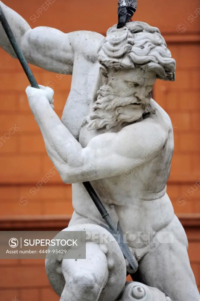 Neptune, the Roman god of water, sculpture on the Fontana del Nettuno fountain, Piazza Navona square, old city centre, Rome, Roma, Italy, Europe