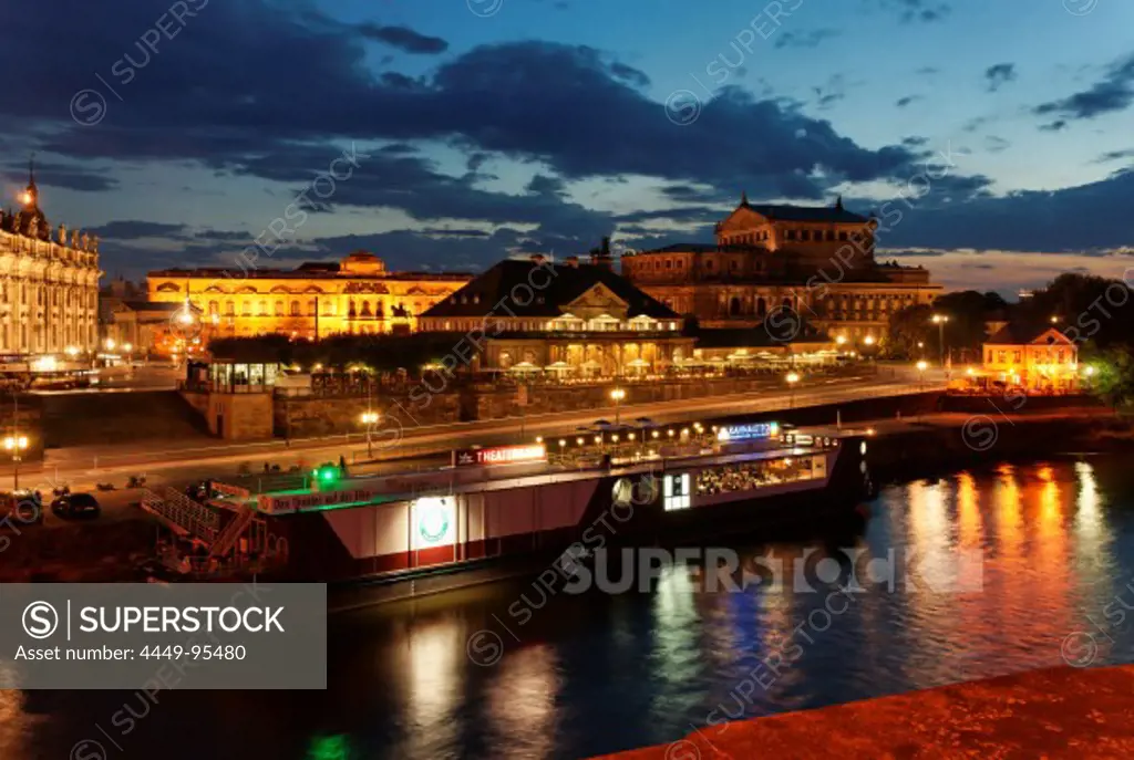 Elbe river, Theaterkahn, Basteischloesschen, Theatre Square with Zwinger and Semper Opera at night, Dresden, Saxony, Germany, Europe