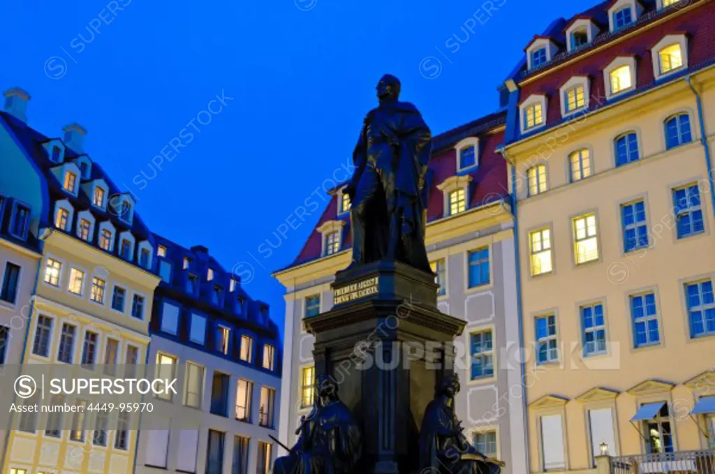 Neumarkt with memorial of Friedrich August II and Hotel de Saxe at night, Dresden, Saxony, Germany