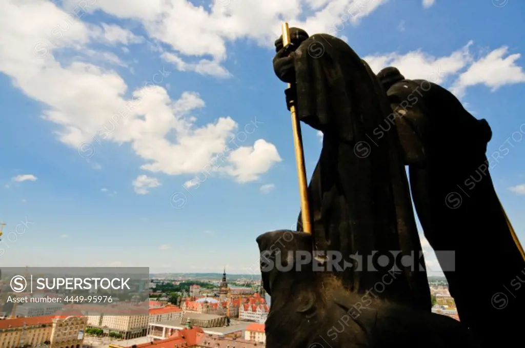 View from town hall tower, New guildhall, sculptures, Dresden, Germany