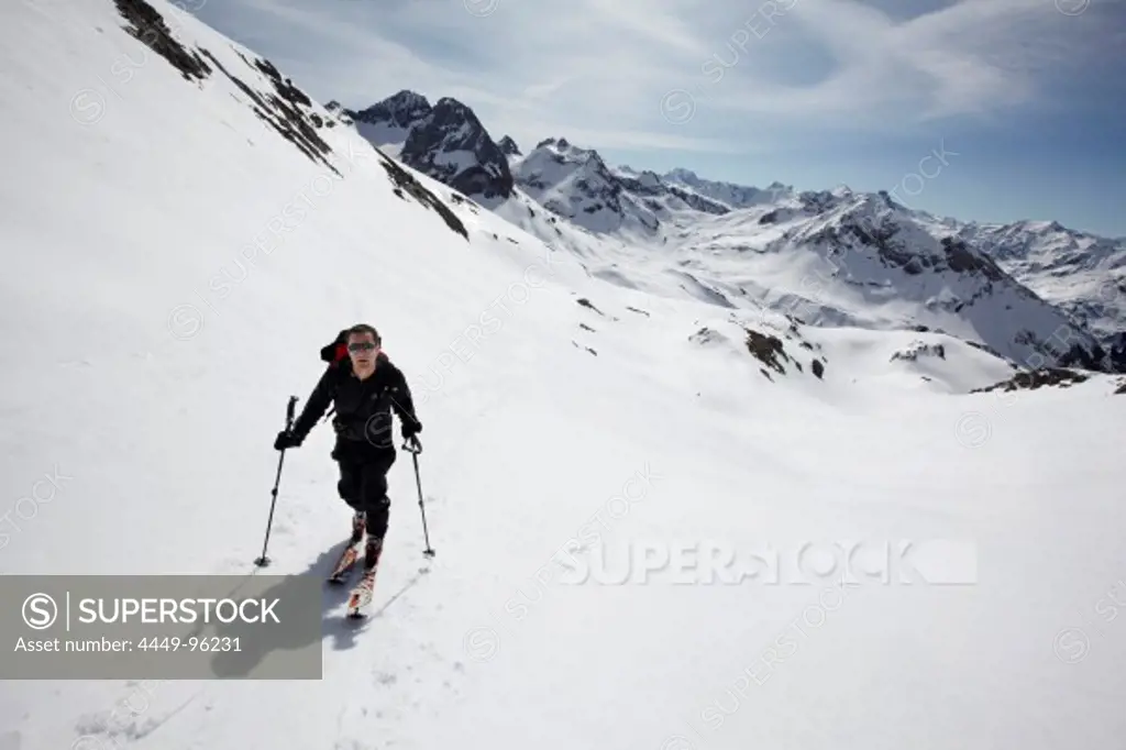 Ski mountaineer on the ascent, Ski tour, Lech, Arlberg, Austria<br />
