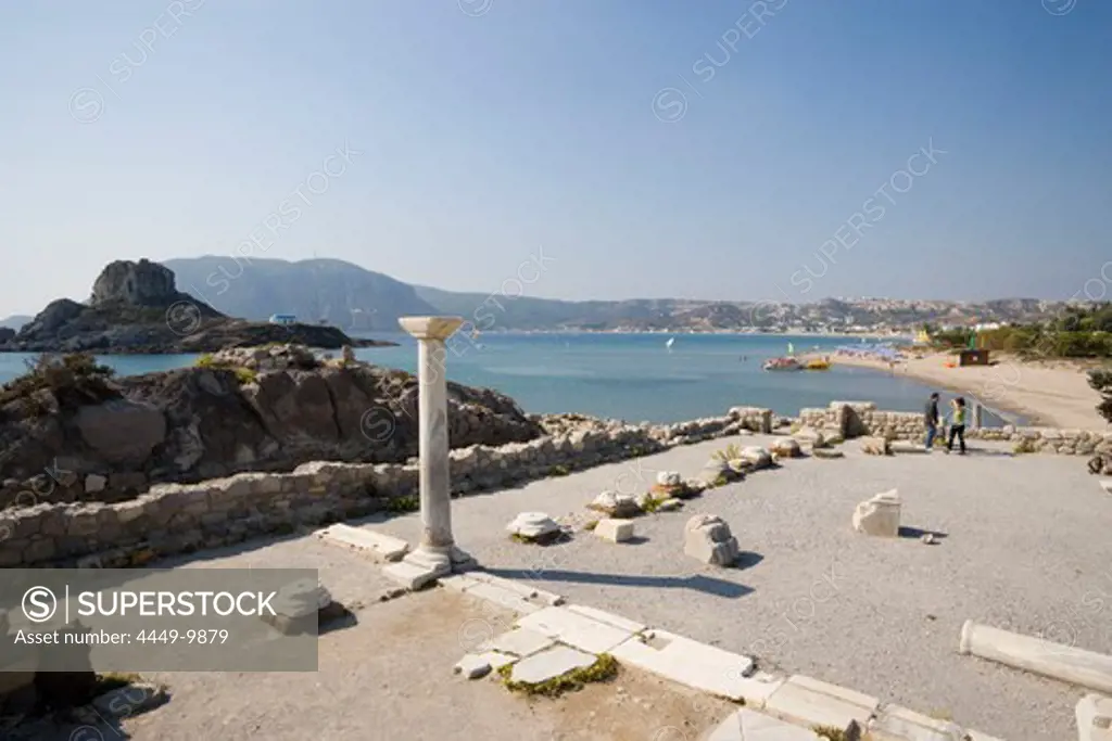 View over basilca Agios Stefanos at Kefalos beach to Kastri Island, Kos, Greece
