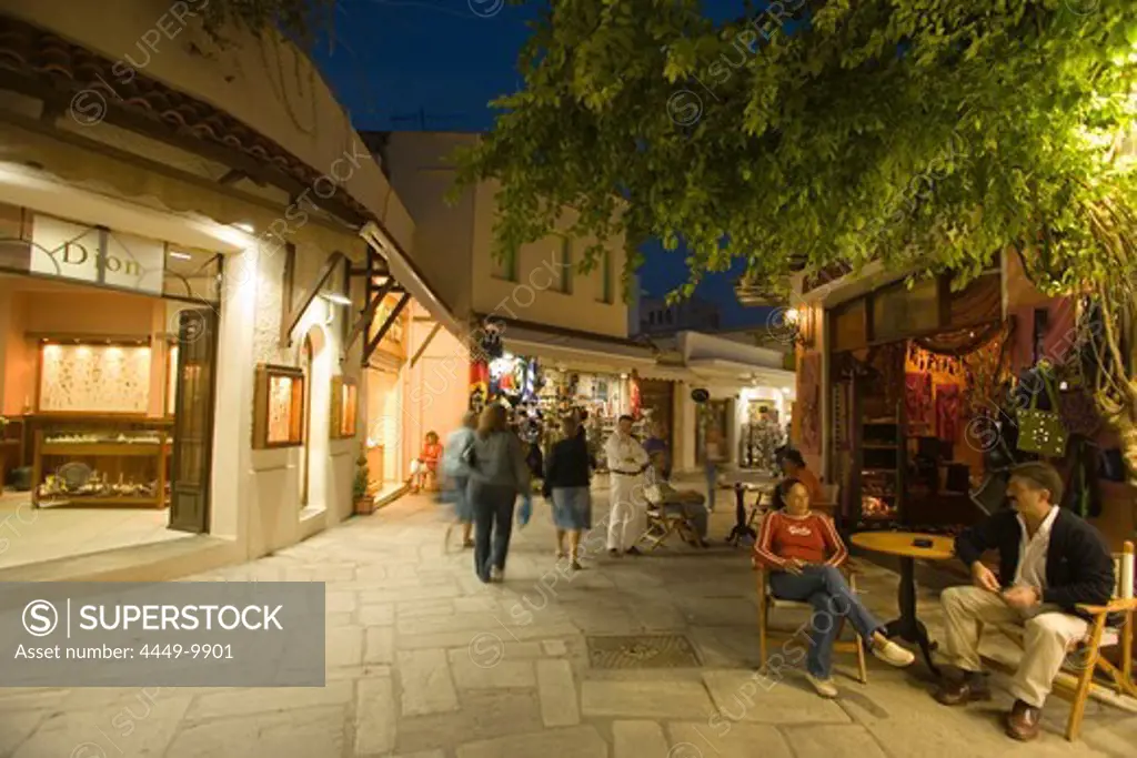 People strolling over shopping street Odos Ifestou with souvenir shops in the evening, old town, Kos-Town, Kos, Greece