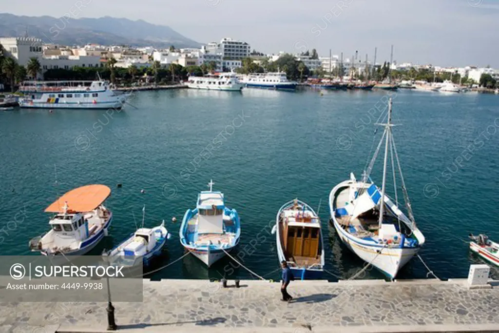 Sailingboats in the Mandraki harbour and view to the town, Kos-Town, Kos, Greece