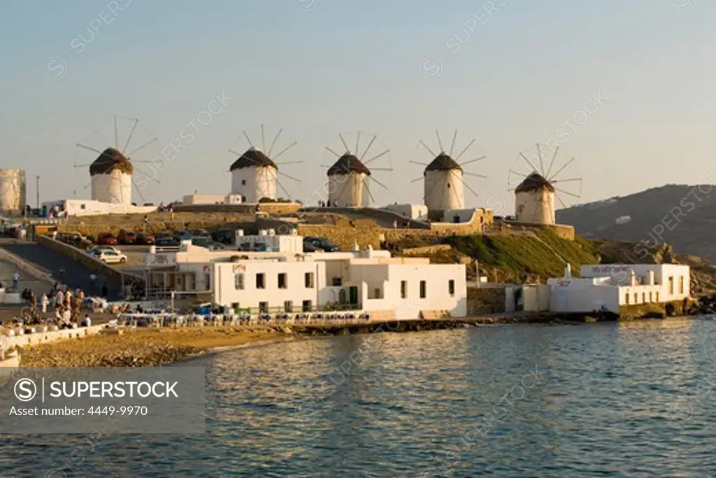 Famous traditional windmills on a hill, Mykonos-Town, Mykonos, Greece