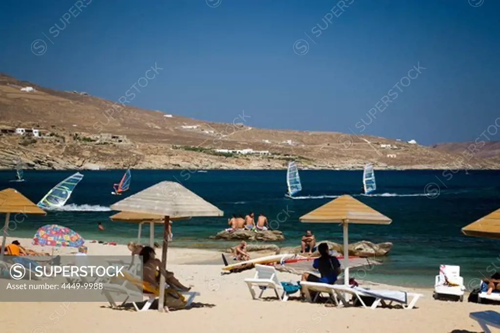 View from Kalafati beach to surfers in action, Kalafati, Mykonos, Greece