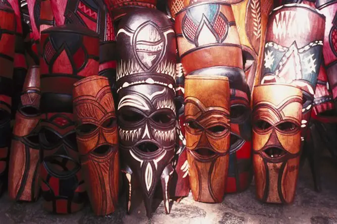 Wooden African masks, Mbabane, Swaziland, South Africa, Africa