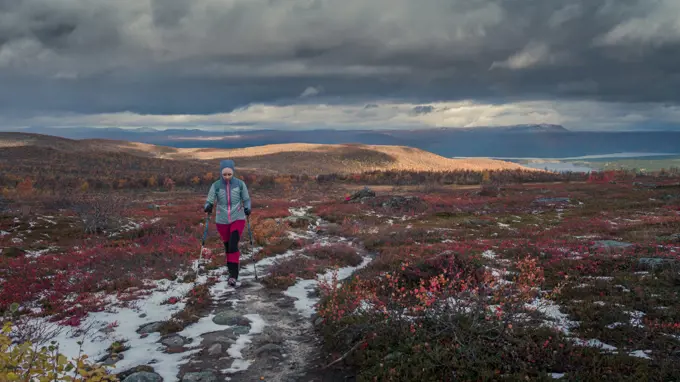 Woman hiking in Pieljekaise National Park in autumn with snow in Lapland in Sweden