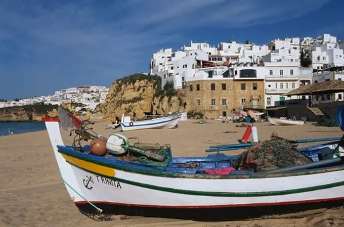 Beach with fishing boats, Albufeira, Algarve, Portugal