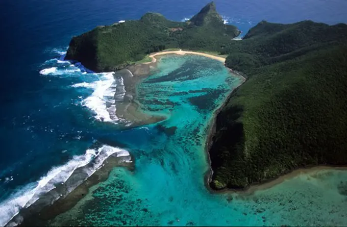 Aerial view of North Bay, North Passage and Mt. Eliza, Lord Howe Island, Australia