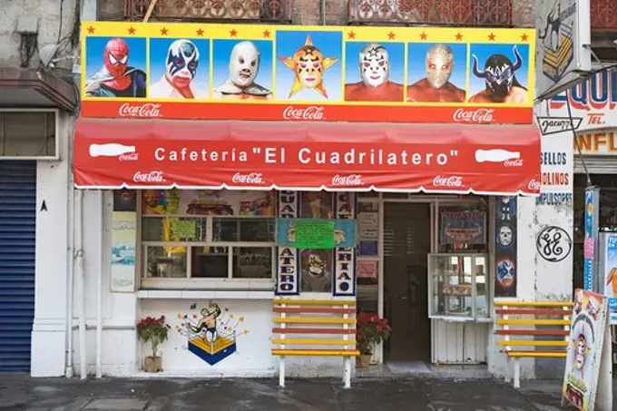 Cafeteria with paintings which illustrate masks of the Lucha libre, district of Alameda, Mexico City, Mexico D.F., Mexico