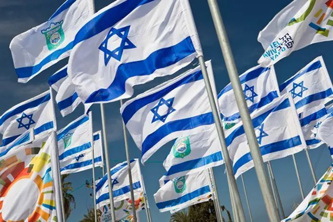 Israeli flags in the wind on Independence Day, Tel Aviv, Israel, Middle East
