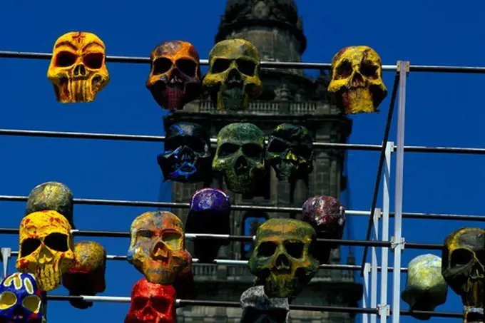 Colourful death masks at the Day of the Dead in front of the cathedral, Mexico City, Mexico, America