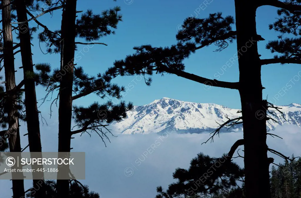 Panoramic view of snow covered mountains, Mount Tallac, Lake Tahoe, California, USA