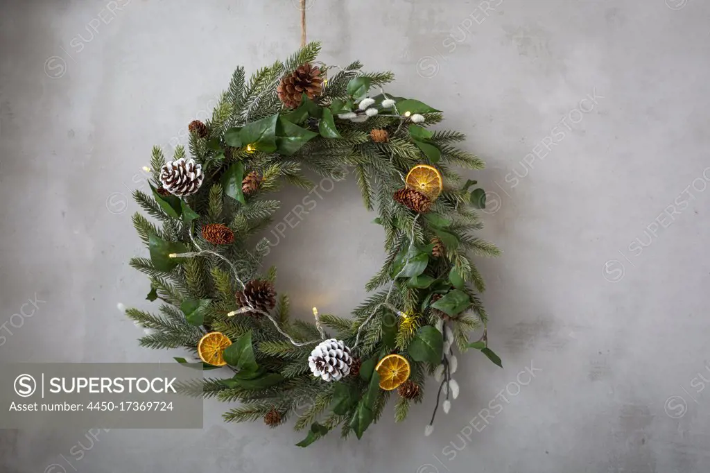 Christmas decorations, close up of Christmas wreath with ornaments.