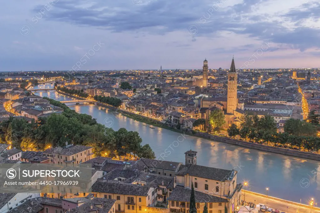 Aerial view of the Verona cityscape at sunset, Italy.