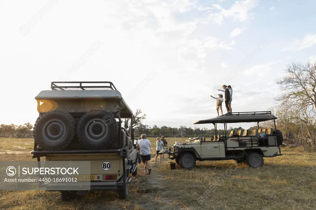 Group of people standing around safari vehicles on an early morning game drive